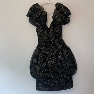 Nuance Black midi puffy off the shoulders dress with gold sequence